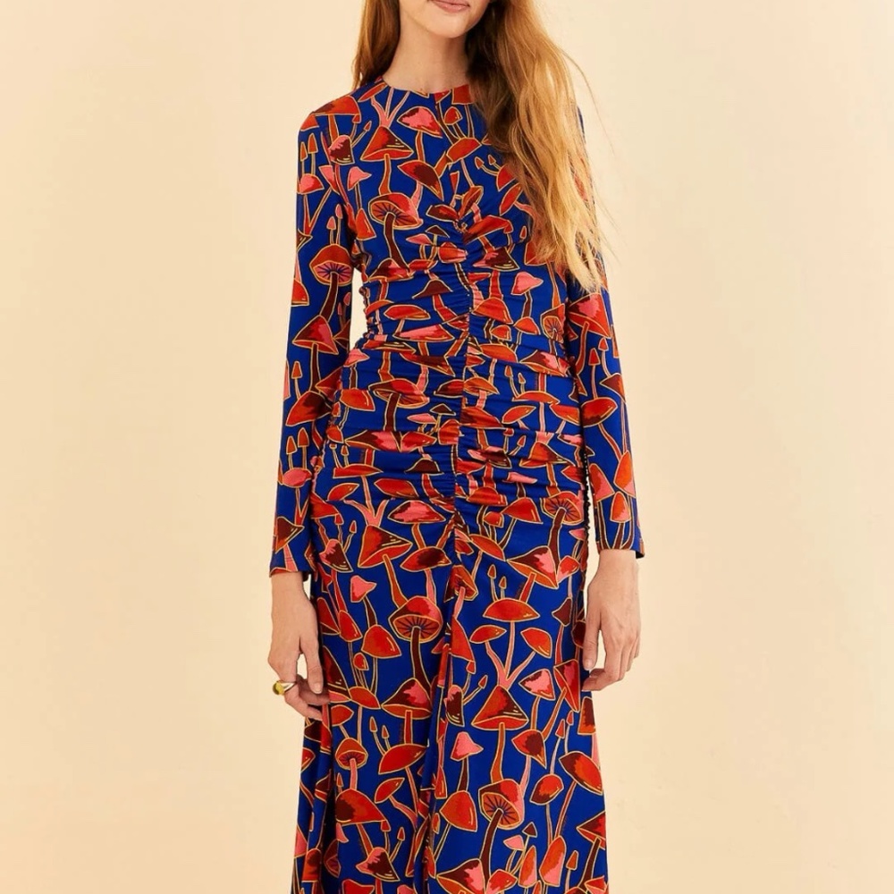 Bright Blue Mushroom Sketch Lenzing™ Ecovero™ Viscose Midi Dress